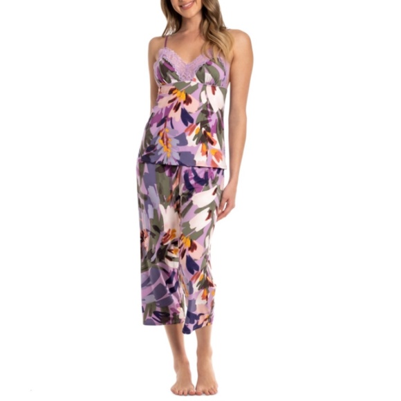 Linea Donatella 2-Pc. Cropped Knit Pajamas Set Purple Botanical NWT - Picture 5 of 5